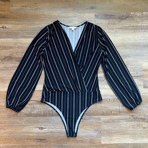 Takara Black & White Pinstripe Faux Wrap Long Sleeve Bodysuit